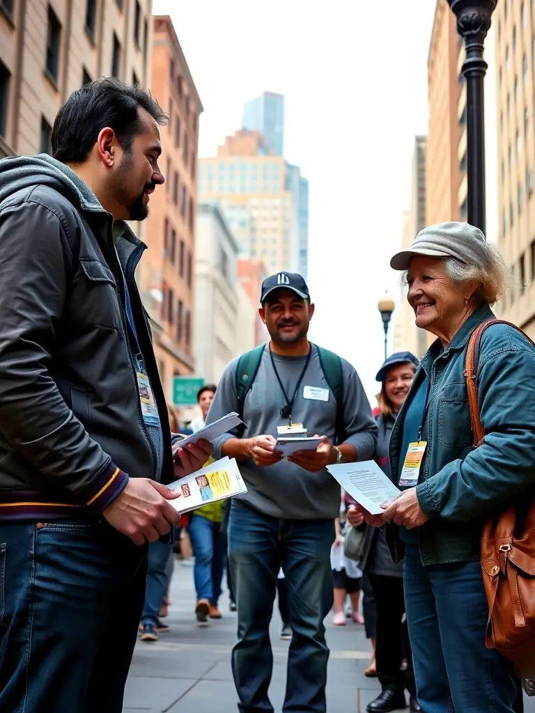 Community outreach workers engaging with homeless individuals, offering support and connecting them with essential resources.