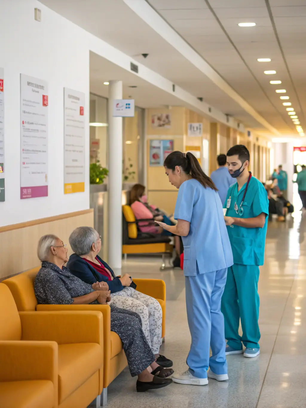 A diverse group of patients smiling and interacting with healthcare professionals inside the Urban Core Health Center, showcasing a welcoming and supportive environment.