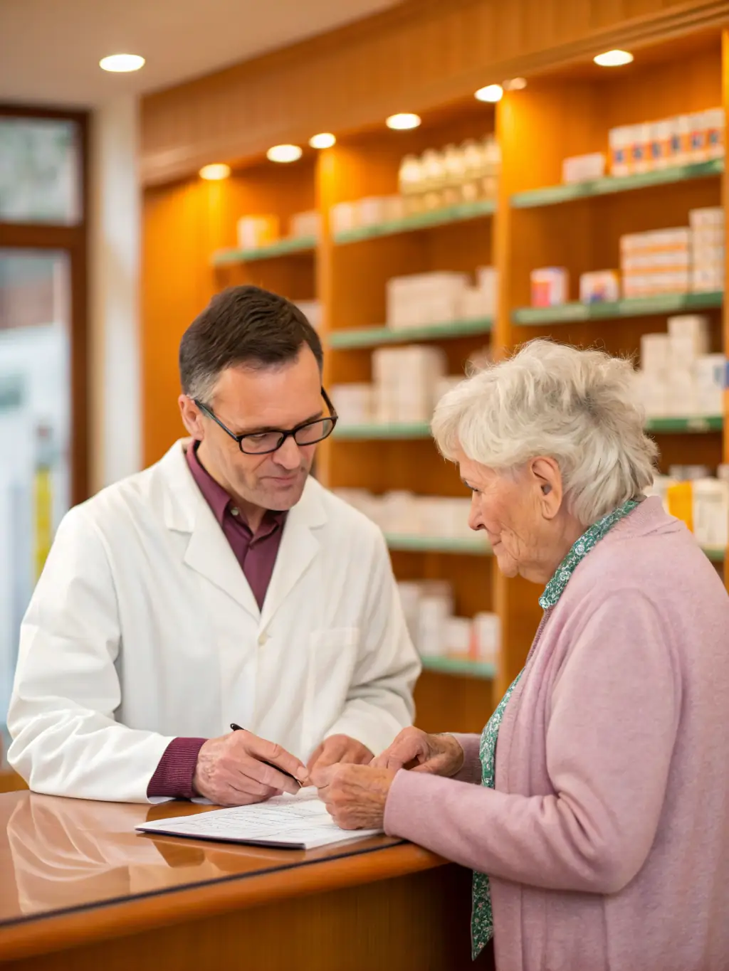A pharmacist counseling a patient about their medication options in the Urban Core Pharmacy, emphasizing personalized care and support.