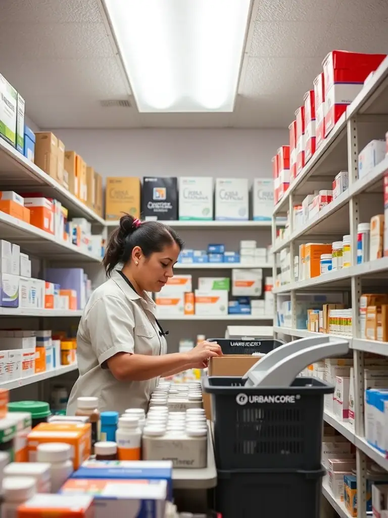 A volunteer working in the Urban Core Pharmacy, assisting with inventory management and prescription sorting under the supervision of a pharmacist.
