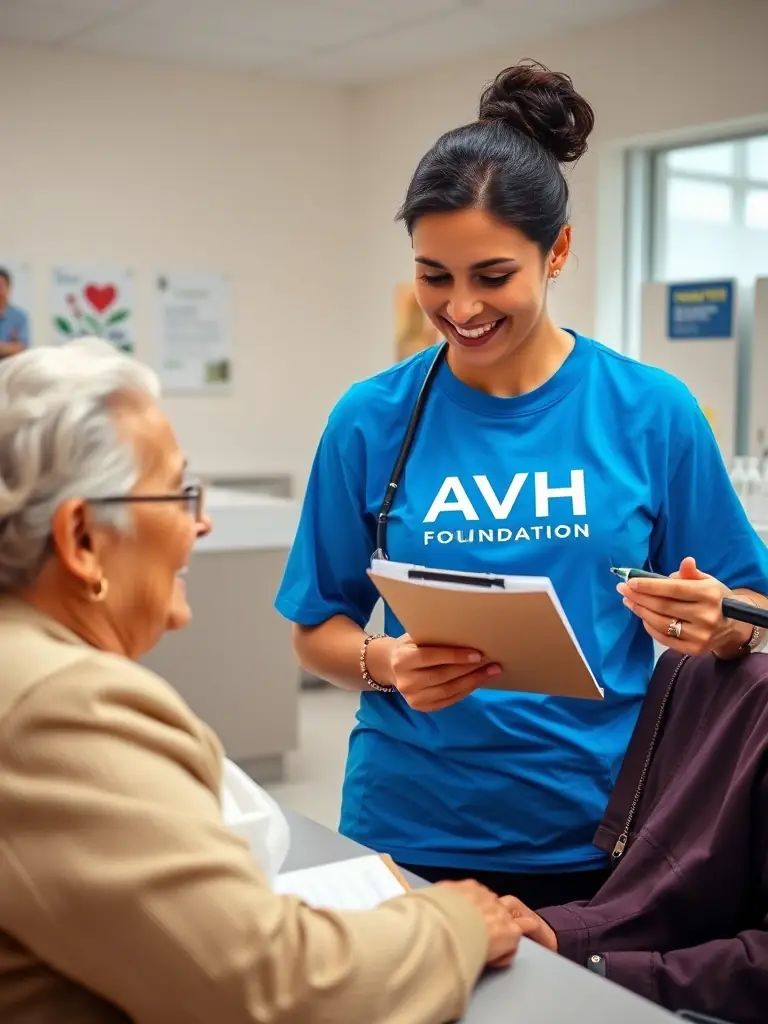 A volunteer assisting in the Urban Core Health Center, helping patients with registration and paperwork, wearing a blue AVH Foundation volunteer t-shirt, smiling warmly at an elderly patient.