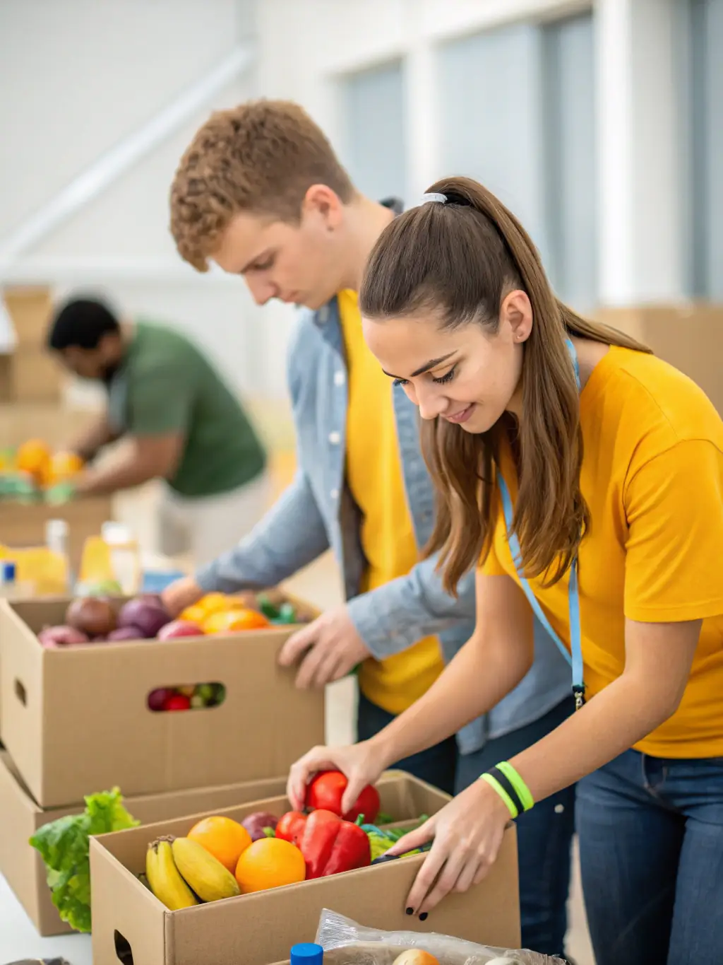 A volunteer sorting and packing nutritious meals in the AVH Foundation's food distribution center, wearing gloves and a hairnet, surrounded by boxes of fresh produce.