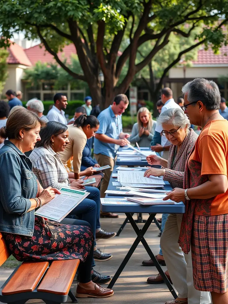 A volunteer engaging with community members at an AVH Foundation outreach event, providing information about available services and resources, holding informational pamphlets.