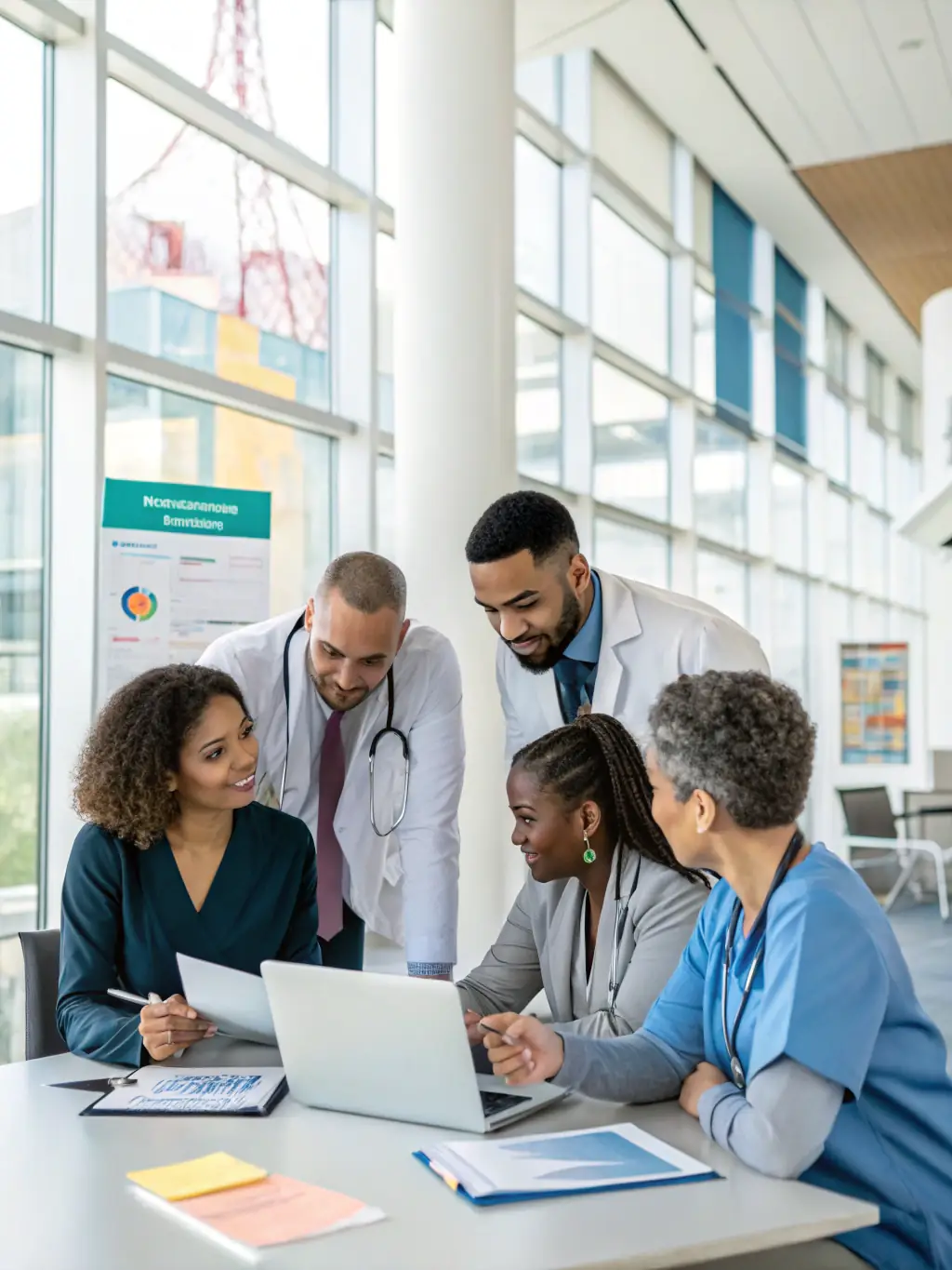 A diverse group of healthcare professionals collaborating around a table, reviewing patient eligibility documents with smiles and confidence.